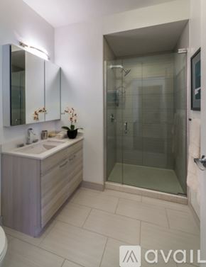 Chicago apartment for rent - A bathroom with a sink, mirror, and glass shower door.