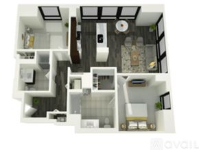 Chicago apartment for rent - A floor plan of an apartment with a kitchen, living room, and two bedrooms.
