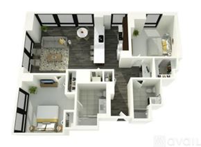 Chicago apartment for rent - A white and black floor plan of a house with a kitchen, living room, and bathroom.