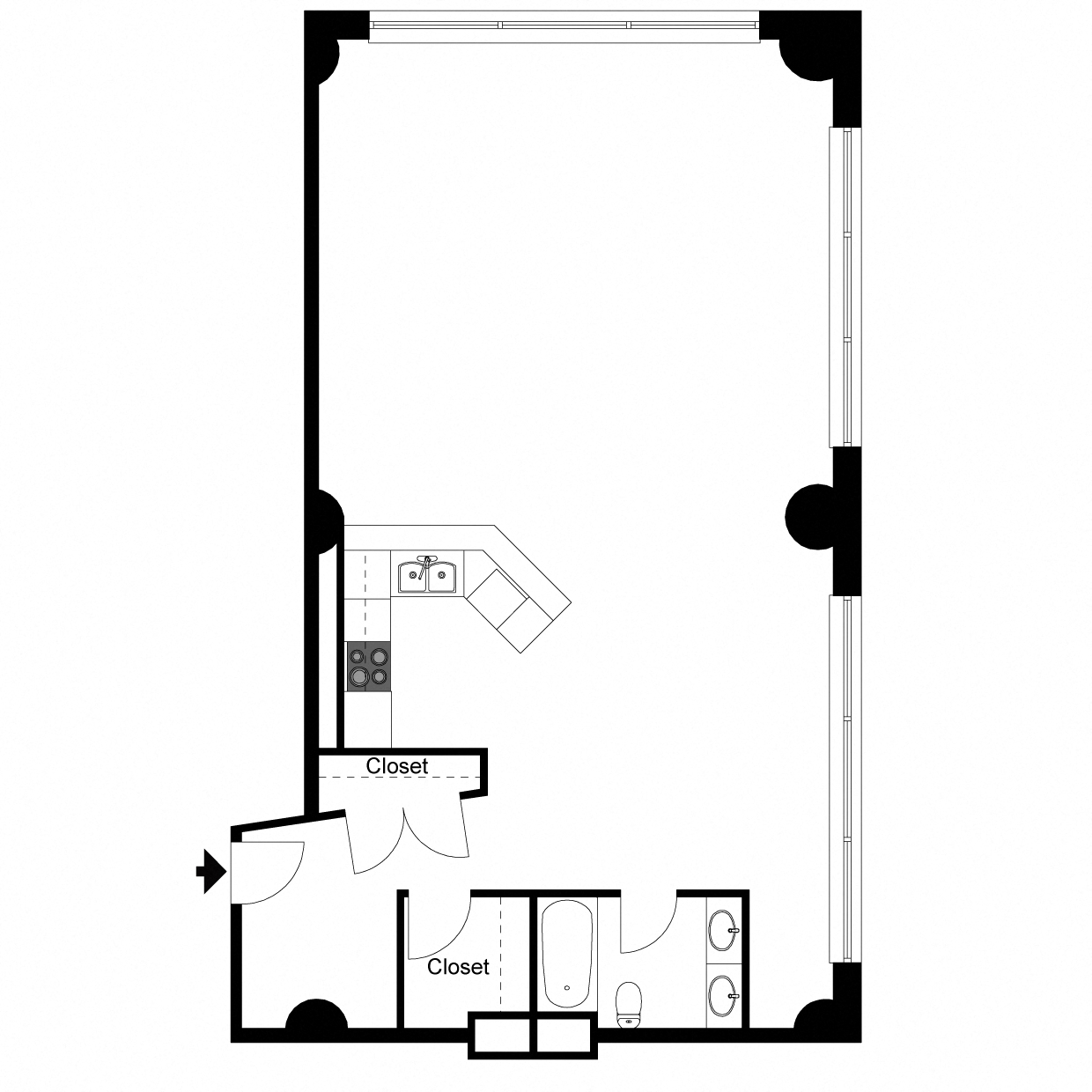 Floor plan for studio, 1 bath, 1100 sqft