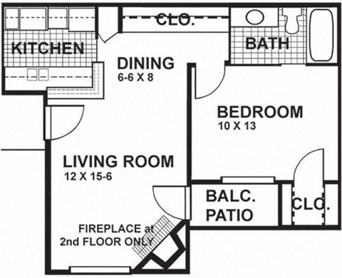 Floor plan for 1 bed, 1 bath, 573 sqft