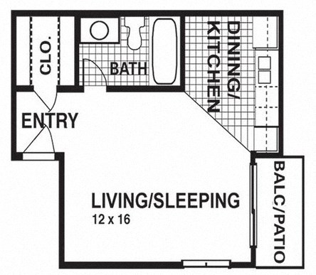 Floor plan for studio, 1 bath, 366 sqft