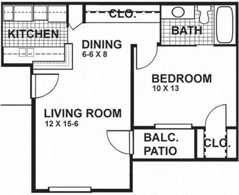 Floor plan for 1 bed, 1 bath, 573 sqft