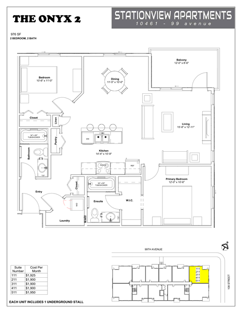 Floor plan for 2 beds, 2 baths, 976 sqft