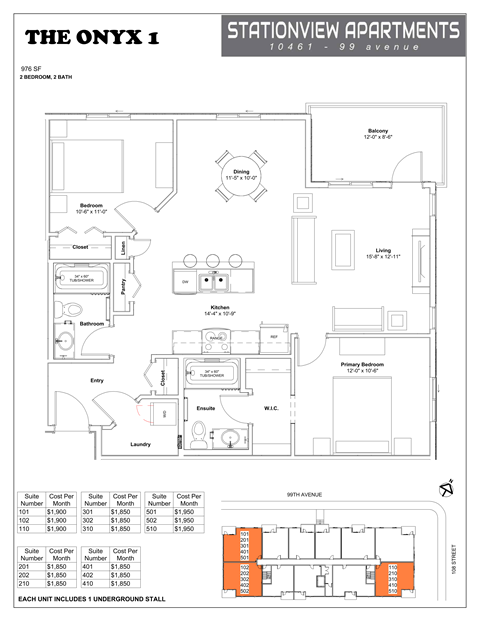 Floor plan for 2 beds, 2 baths, 976 sqft