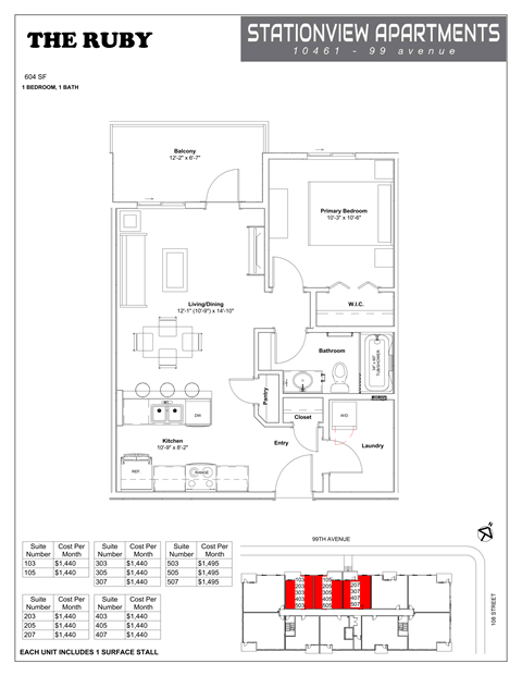 Floor plan for 1 bed, 1 bath, 604 sqft