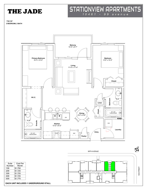 Floor plan for 2 beds, 2 baths, 798 sqft