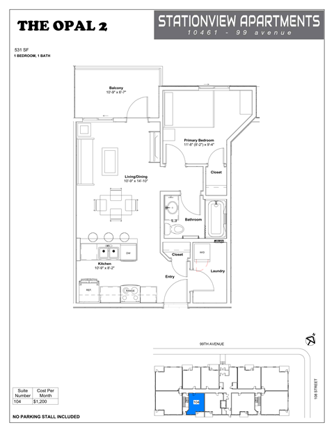Floor plan for 1 bed, 1 bath, 531 sqft