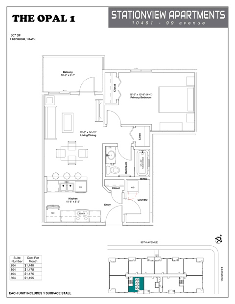 Floor plan for 1 bed, 1 bath, 607 sqft