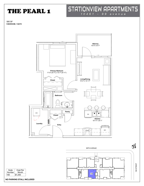 Floor plan for 1 bed, 1 bath, 585 sqft
