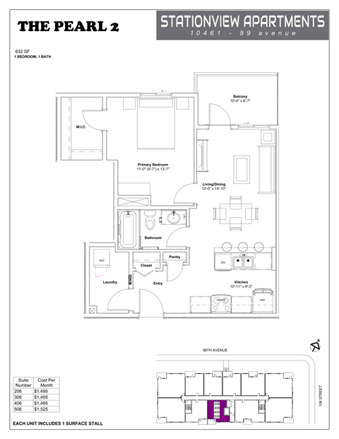 Floor plan for 1 bed, 1 bath, 632 sqft