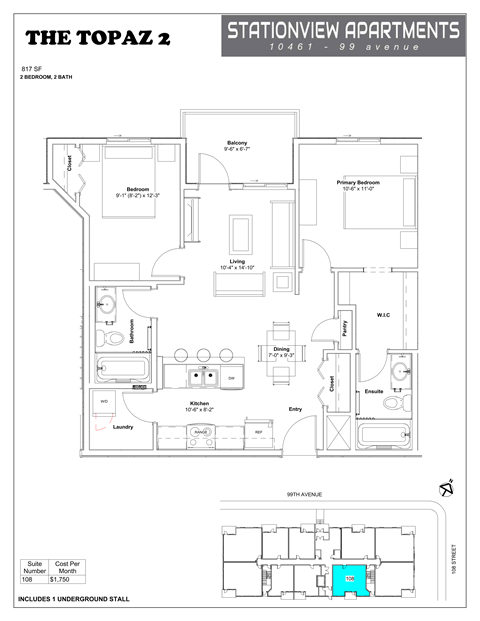 Floor plan for 2 beds, 2 baths, 817 sqft