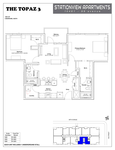 Floor plan for 2 beds, 2 baths, 969 sqft