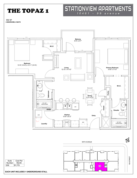 Floor plan for 2 beds, 2 baths, 892 sqft
