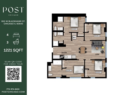 Floor plan for 4 beds, 3 baths, 1279 sqft