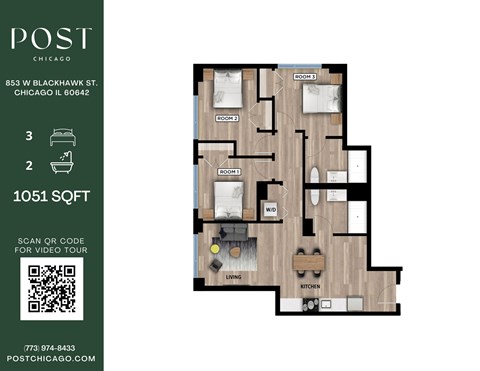 Floor plan for 3 beds, 2 baths, 1051 sqft