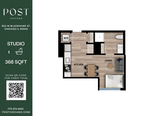 Floor plan for studio, 1 bath, 368 sqft