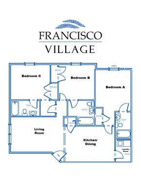 Farmville apartment for rent - A floor plan of a home with three bedrooms and a living room.