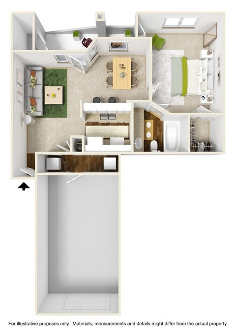 Floor plan for 1 bed, 1 bath, 701 sqft
