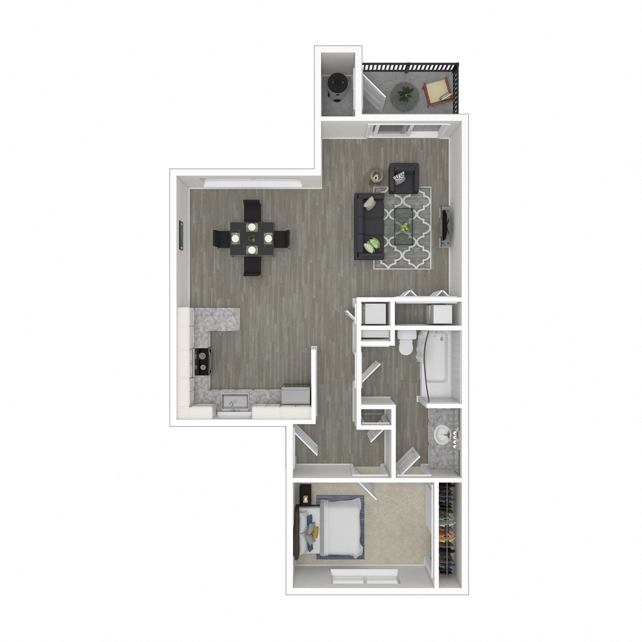 Floor plan for 1 bed, 1 bath, 654 sqft