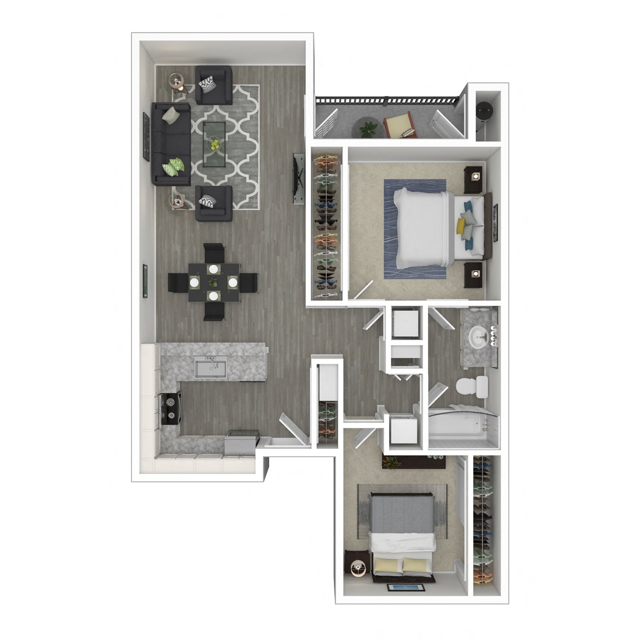 Floor plan for 2 beds, 1 bath, 836 sqft