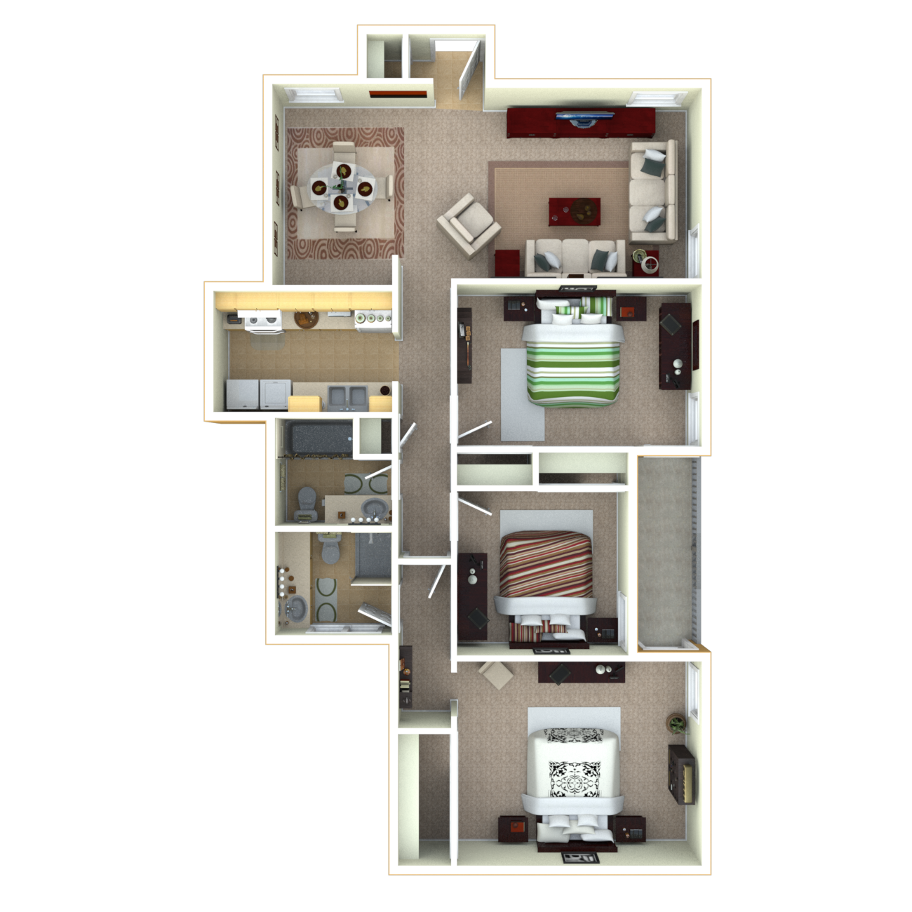 Floor plan for 3 beds, 2 baths, 1370 sqft