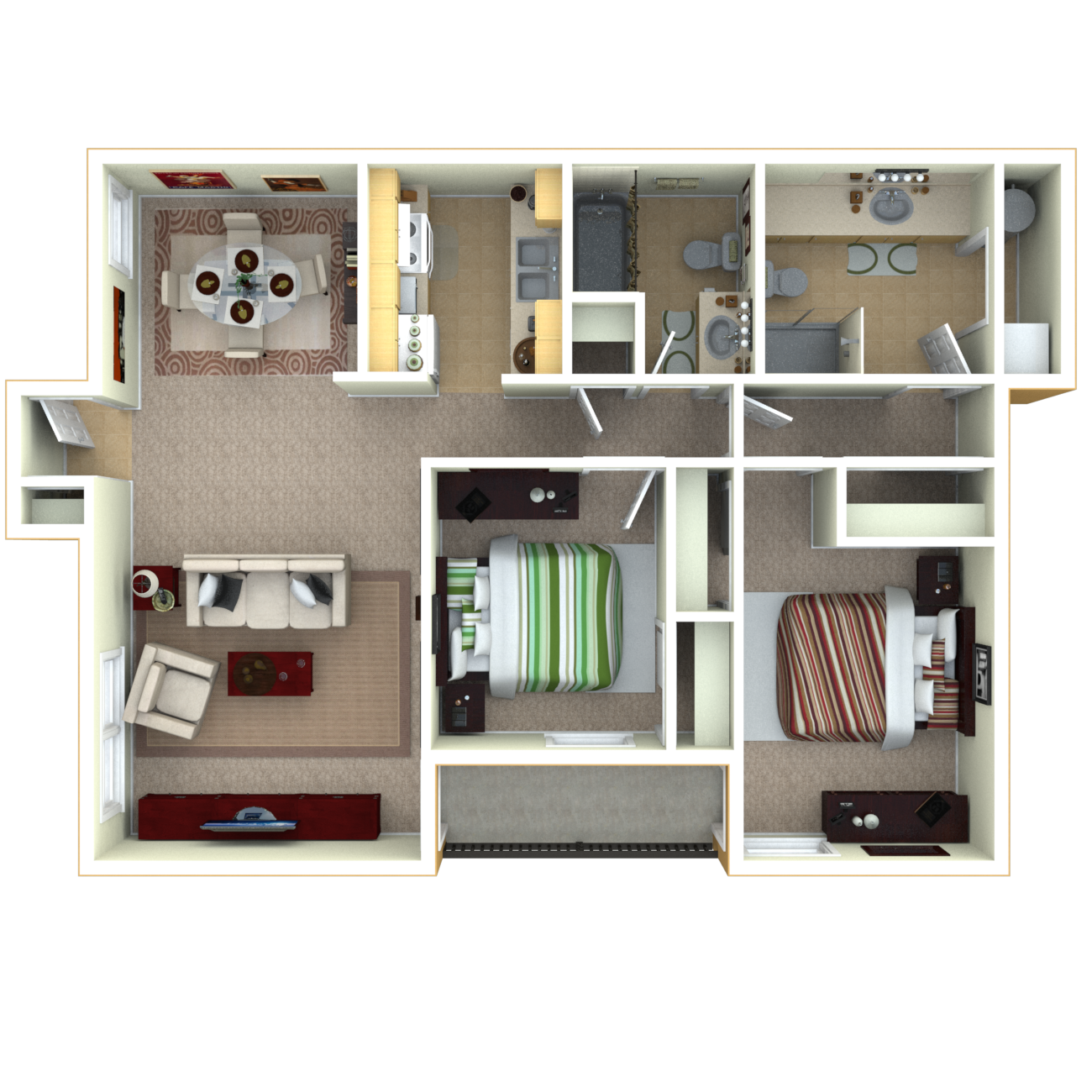 Floor plan for 2 beds, 2 baths, 990 sqft