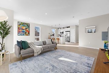 Newark apartment for rent - A living room with a grey couch and a blue rug.