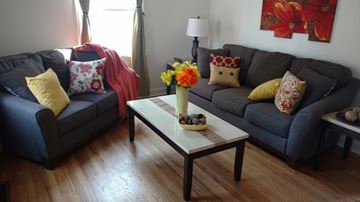 Denver house for rent - A living room with a grey couch, a coffee table with a vase of flowers, and a red blanket.