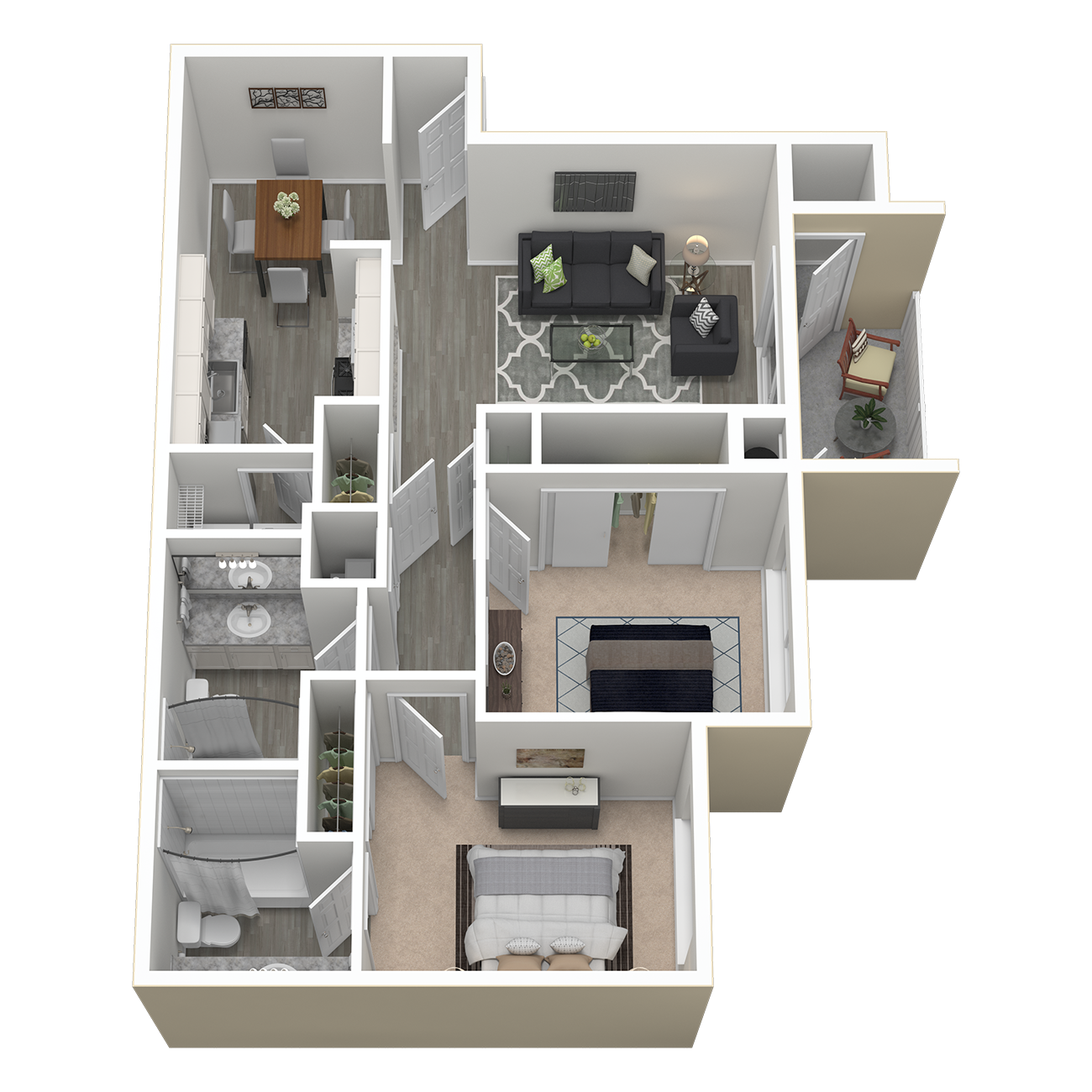 Floor plan for 2 beds, 2 baths, 986 sqft