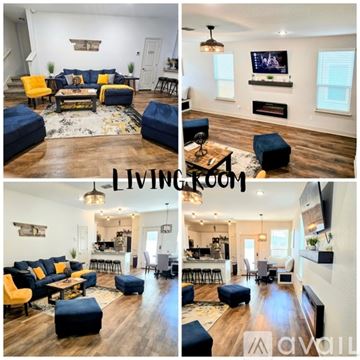 San Antonio apartment for rent - A living room with a blue couch and yellow chairs.