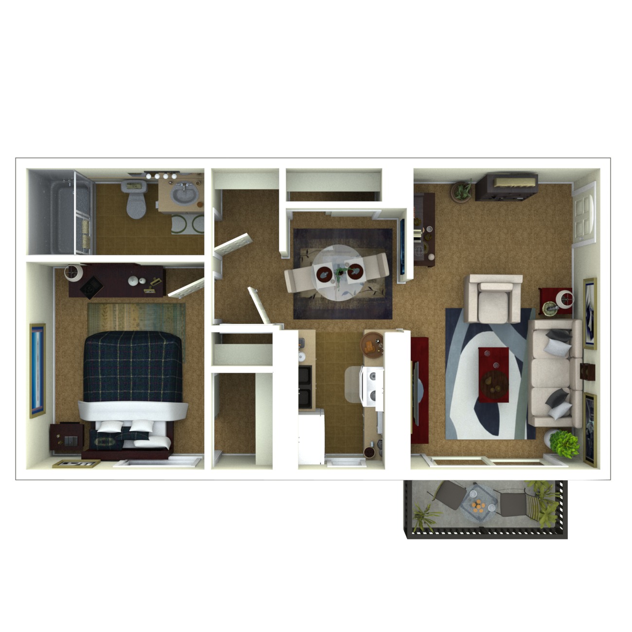 Floor plan for 1 bed, 1 bath, 627 sqft