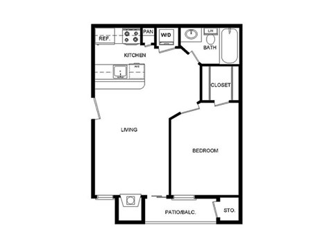 Floor plan for 1 bed, 1 bath, 486 sqft