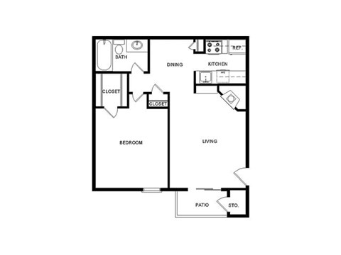 Floor plan for 1 bed, 1 bath, 558 sqft