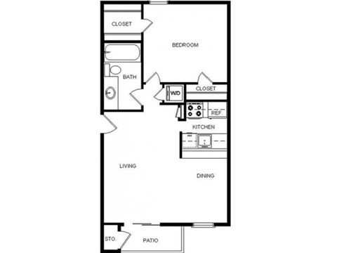 Floor plan for 1 bed, 1 bath, 576 sqft