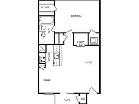Floor plan for 1 bed, 1 bath, 640 sqft