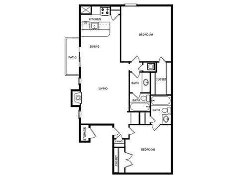 Floor plan for 2 beds, 2 baths, 967 sqft