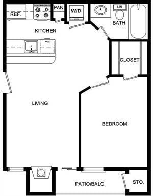 Floor plan for 1 bed, 1 bath, 486 sqft