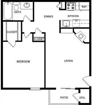 Floor plan for 1 bed, 1 bath, 550 sqft