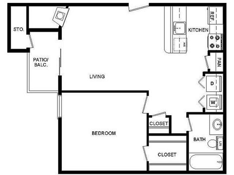 Floor plan for 1 bed, 1 bath, 565 sqft