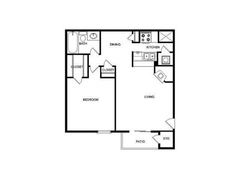 Floor plan for 1 bed, 1 bath, 612 sqft