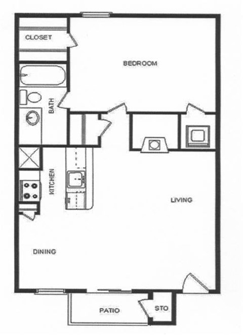 Floor plan for 1 bed, 1 bath, 640 sqft