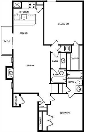 Floor plan for 2 beds, 2 baths, 967 sqft