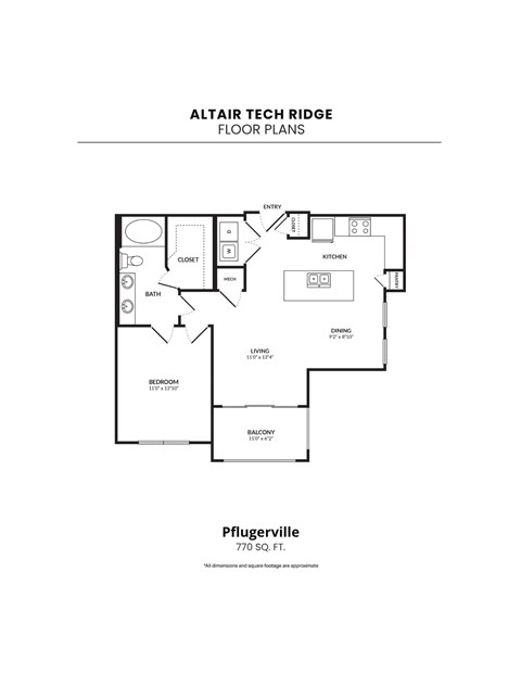 Floor plan for 1 bed, 1 bath, 770 sqft