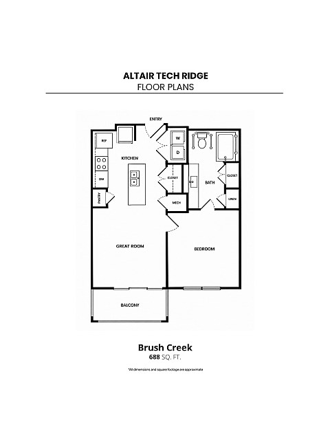 Floor plan for 1 bed, 1 bath, 688 sqft
