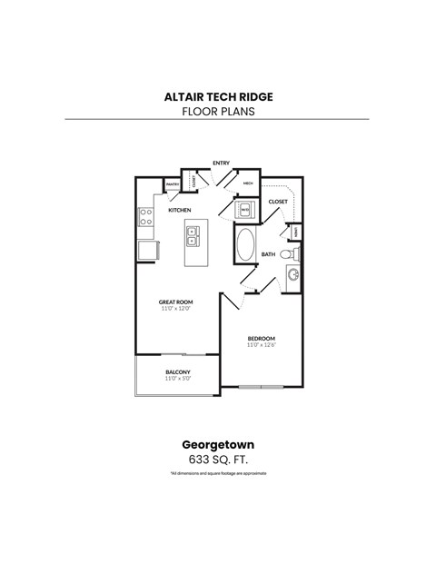 Floor plan for 1 bed, 1 bath, 633 sqft