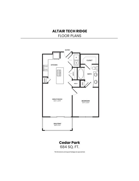 Floor plan for 1 bed, 1 bath, 684 sqft