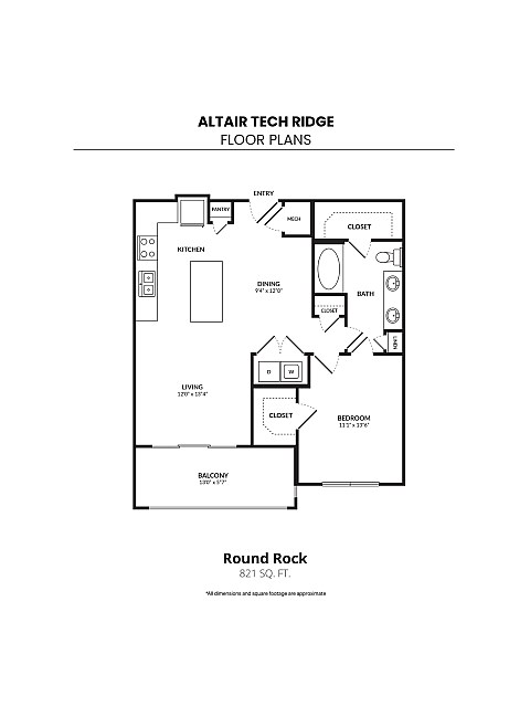 Floor plan for 1 bed, 1 bath, 821 sqft