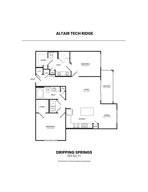 Floor plan for 2 beds, 2 baths, 1193 sqft