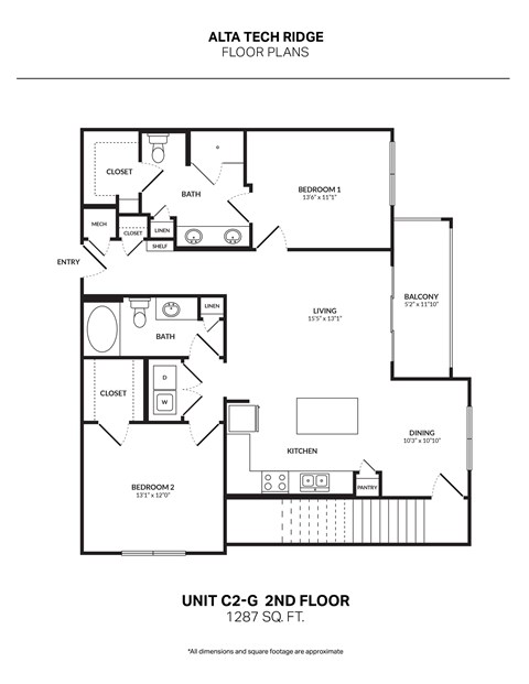 Floor plan for 2 beds, 2 baths, 1208 sqft